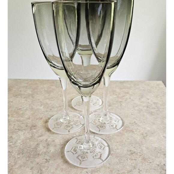Smoke Grey Wine Water Glasses 9.5" frosted etched snowflake winter holiday 4pc - Picture 10 of 13